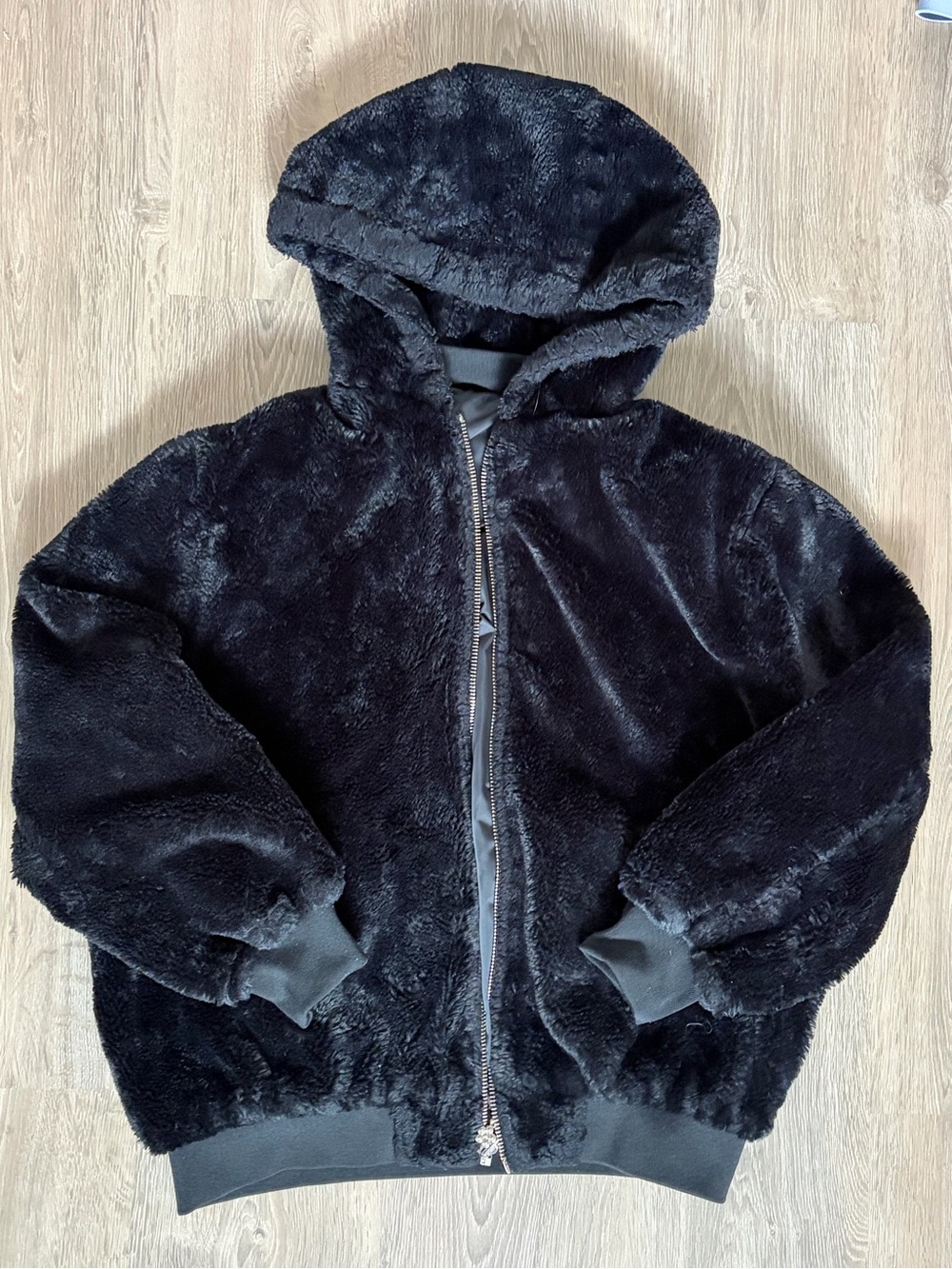 Garage Black Faux Fur Hooded Reversible Bomber Jacket - Size S